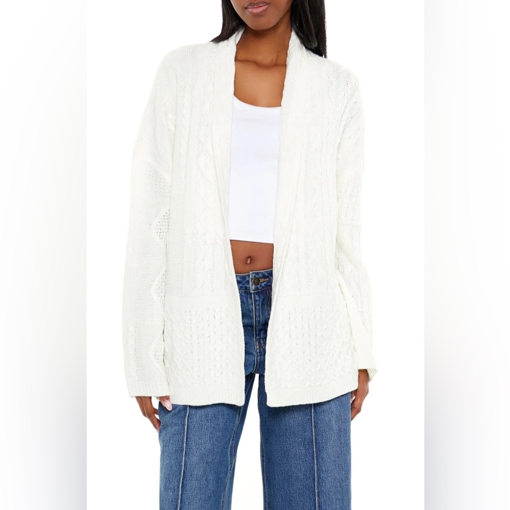 Forever 21 Ivory Open-Front, Shawl Collar, Mixed Knit Cardigan